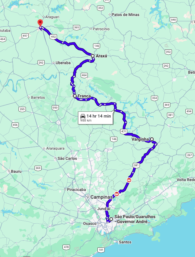 Driving route from São Paulo (GRU) north through Varginha, Franca, Cristais Paulista, Araxá and Rio Paranaíba, ending at Uberlândia: 988 km, 14 h 14 min.